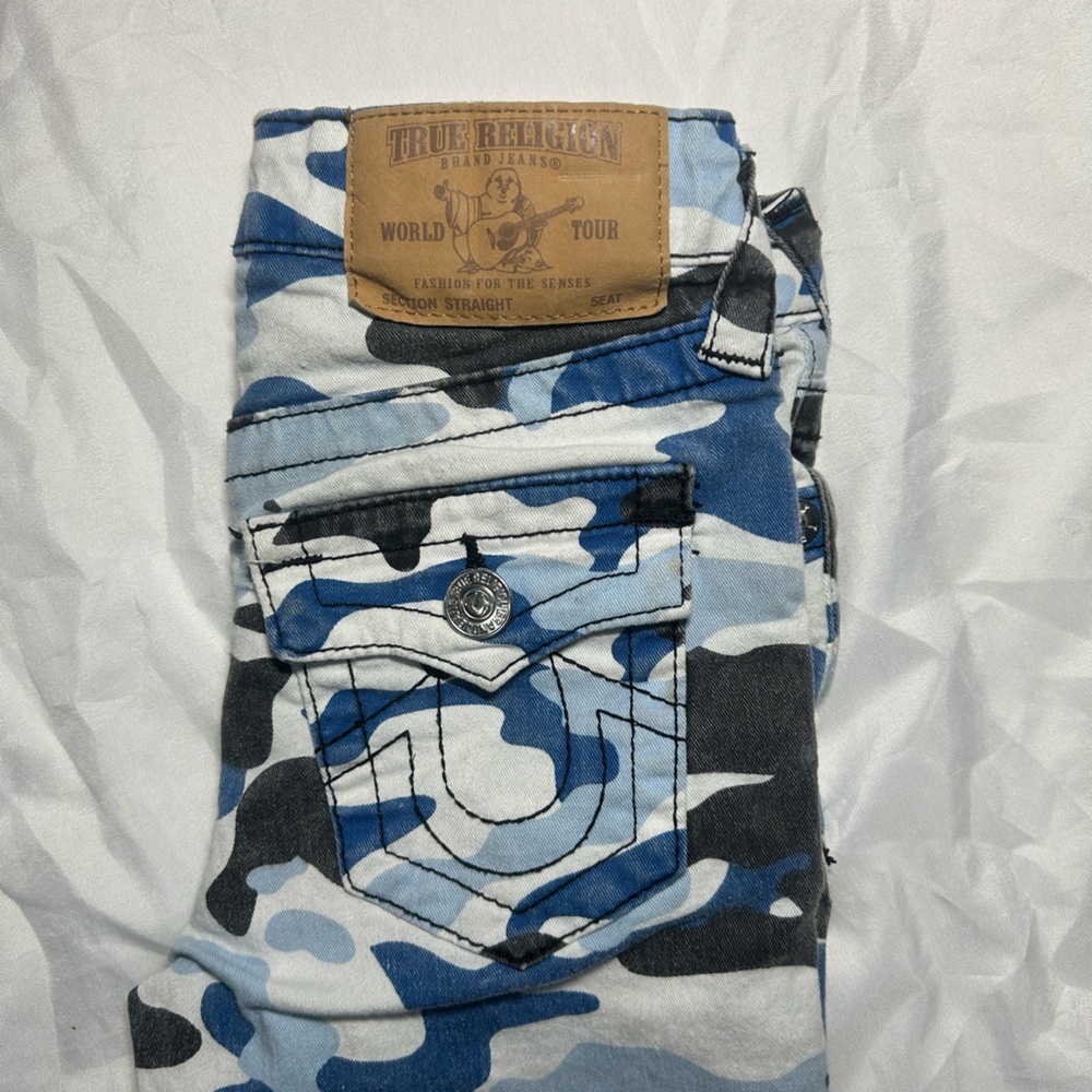 True Religion Kids Jeans Size 4 Blue Camo Print Straight Leg Denim Pants